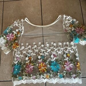 SHEIN Blue and Pink Embellished Crop Blouse